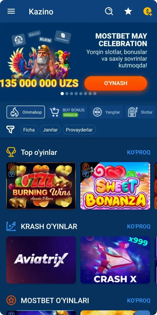 Казино в приложении Mostbet